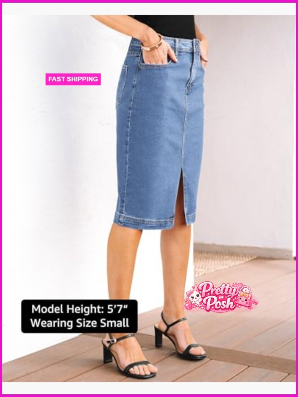 High Waisted Midi Denim Pencil Skirt with Slit Stretchy - Picture 4 of 7